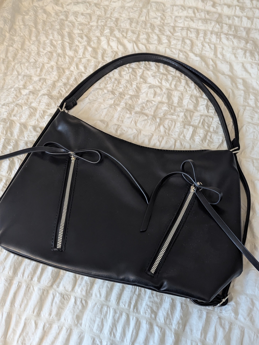 Black Convertible Bow Shoulder Classic Black Shoulder Bag with Front Zip Pockets